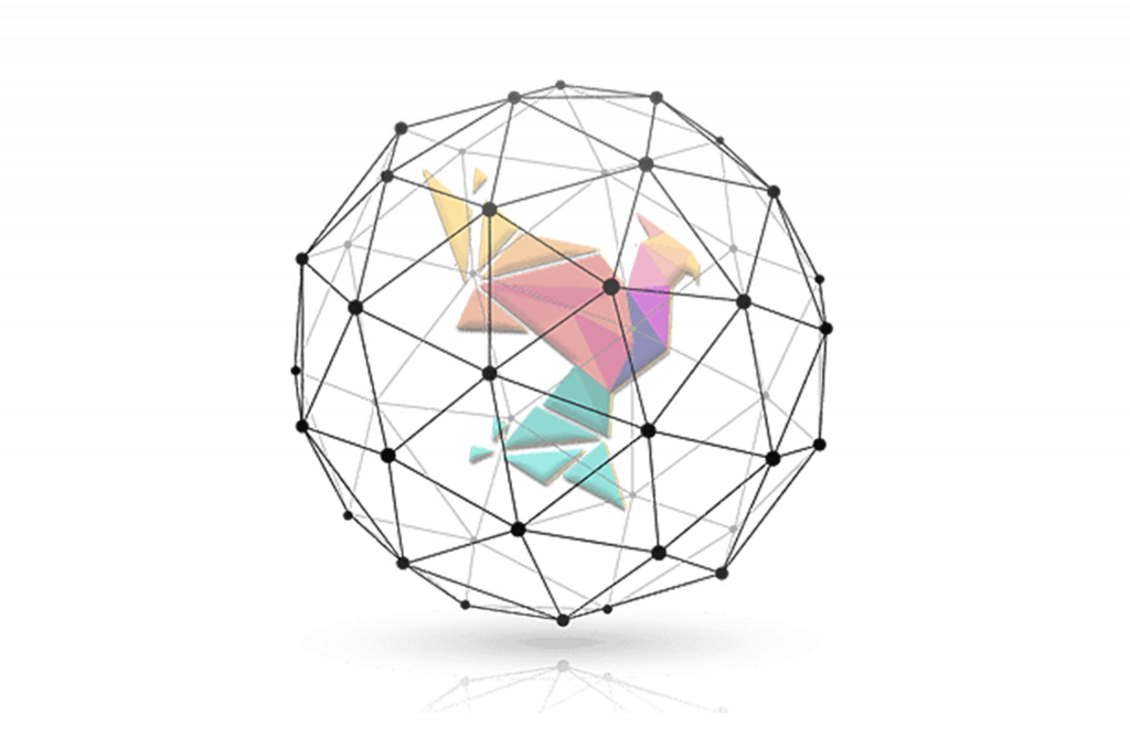 Illustration d'un oiseau en origami coloré aux teintes vives de jaune, orange, rose, violet et bleu, au centre d'une sphère géométrique noire, représentant l'inclusivité et la diversité de l'approche Hme-Inclusive sur madagasy.com.